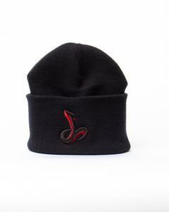 Black beanie with red and black logo